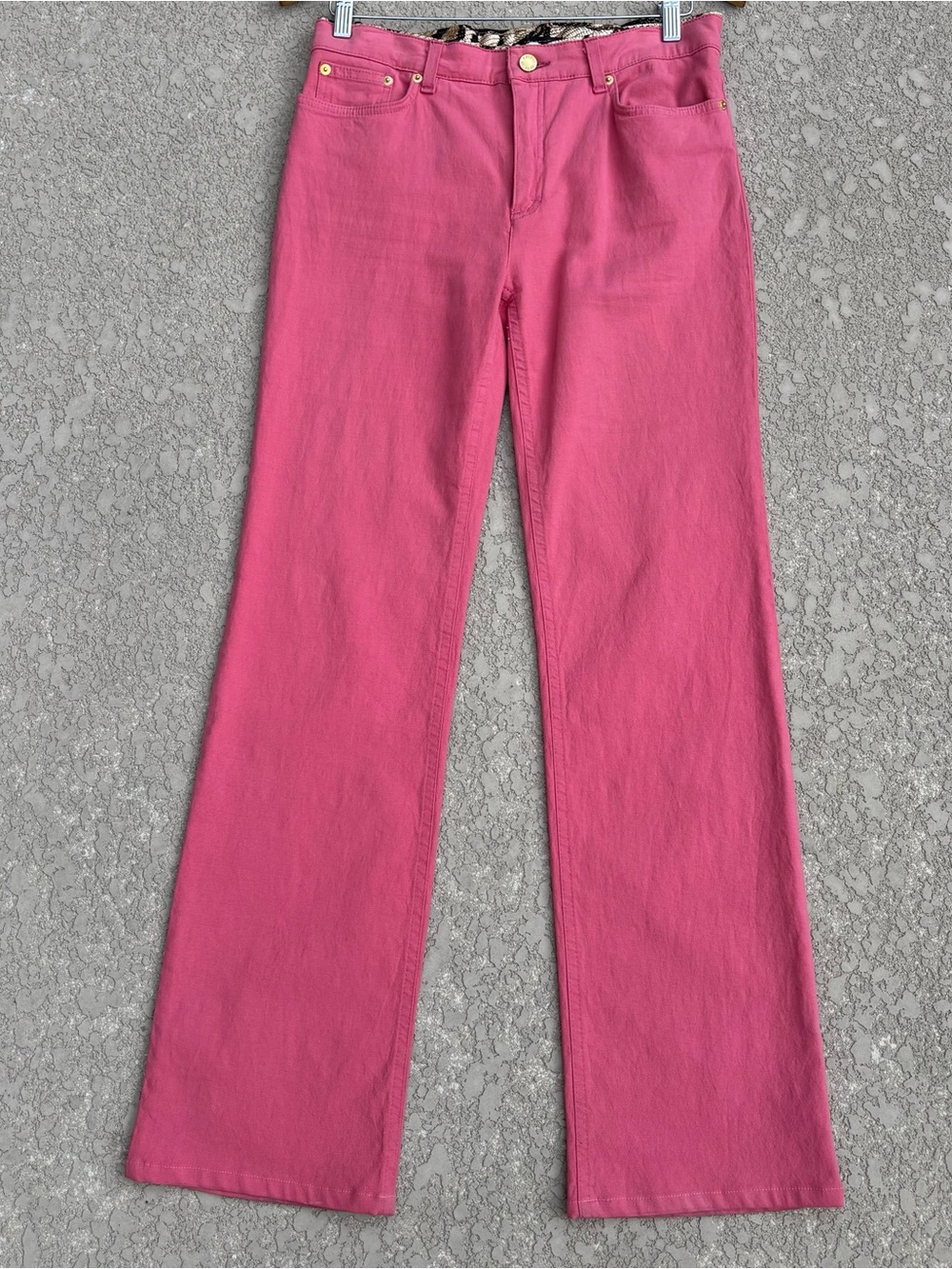 Vtg 2000s Roberto Cavalli Pink Flare Jeans Sz L Animal Print Waist High Rise Y2K